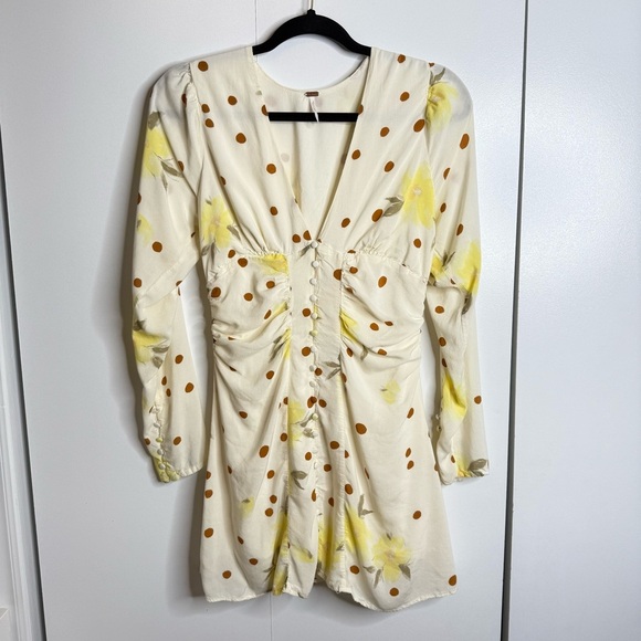 Free People - Date Night Mini Dress in Sunshine Combo - Polka Dot Long Sleeve - Picture 3 of 12